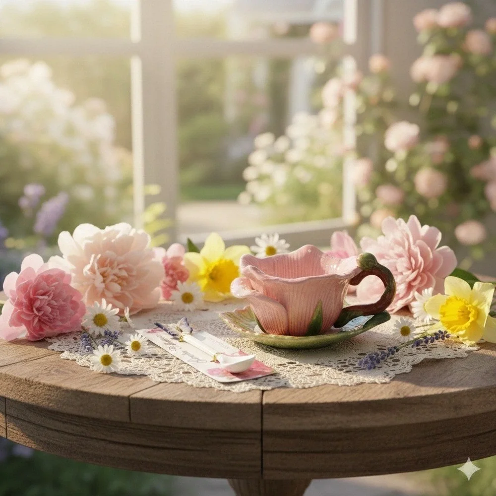 CornerRuby Garden Collection Pink Rose Tea‎ Cup Leaf Saucer Butterfly Spoon Set